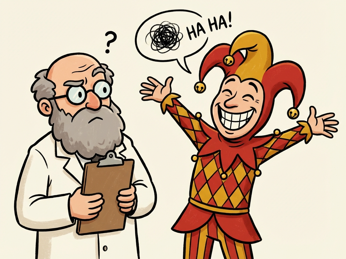 Scientist evaluating a jester's joke with rigorous bewilderment
