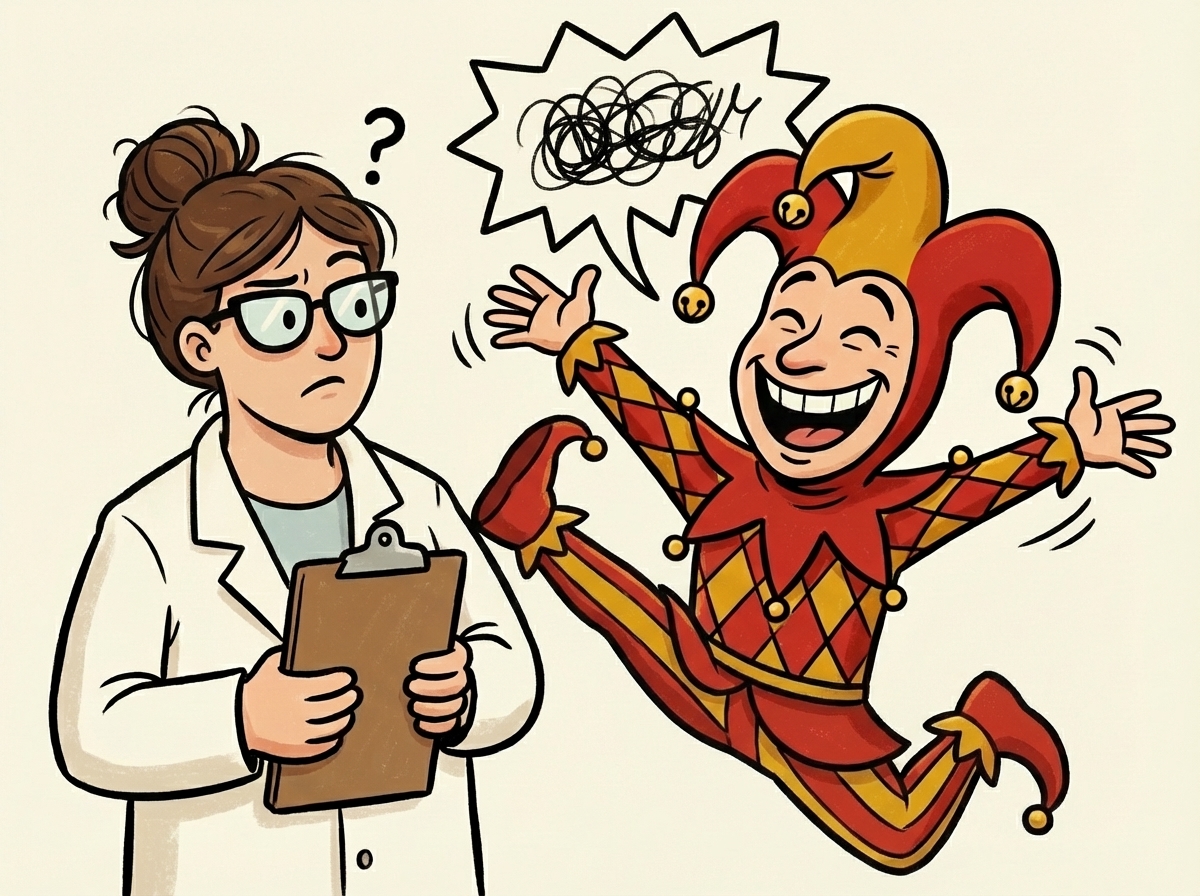 Scientist perplexed by jester's flying pratfall punchline